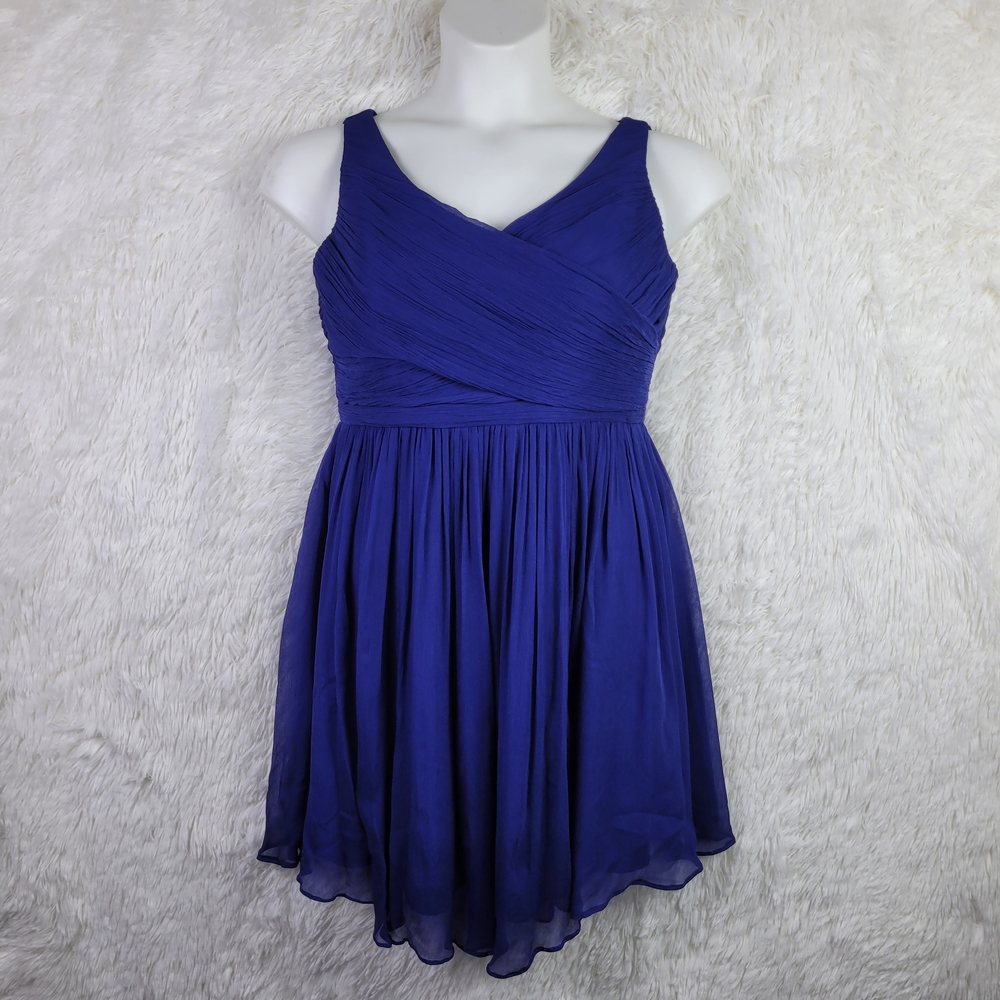 Sz 14 J Crew Royal Blue Silk Chiffon Crinkle Pleated Knee Length Dress Elegant